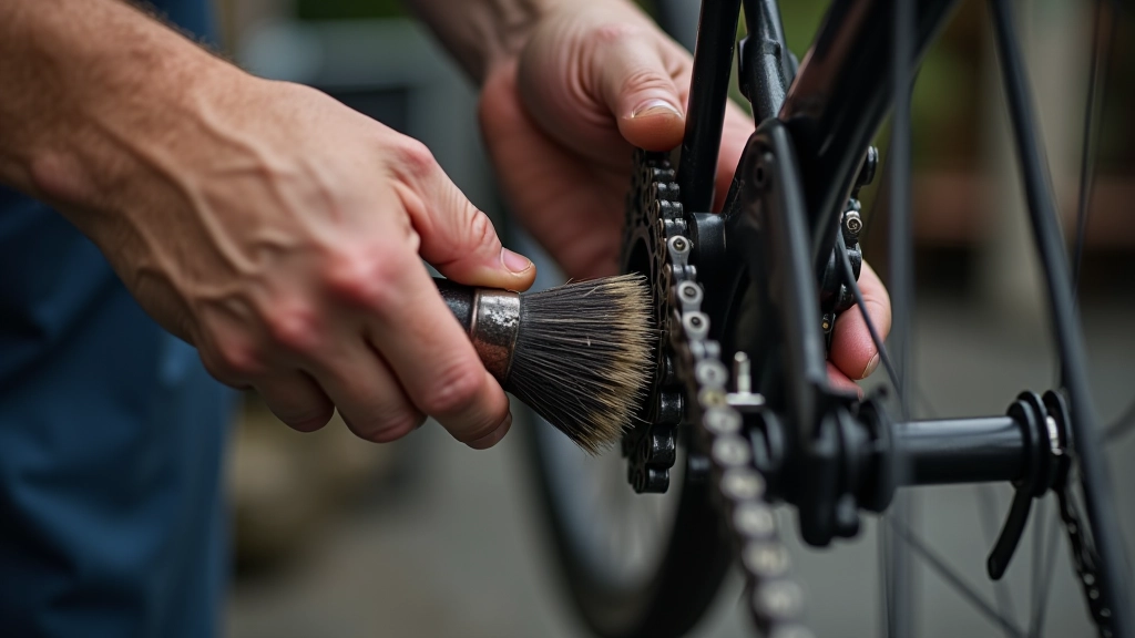 Velosipēda ķēne tiek tīrīta ar suku un mazgājošu šķidrumu, rūpīga apkope, profesionāls skats