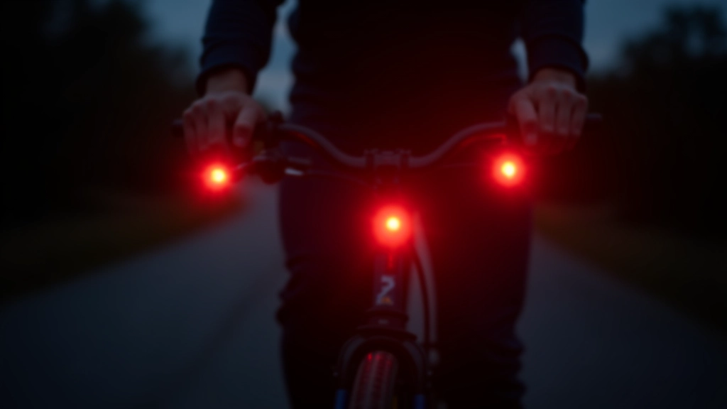 Seniora velosipēds ar ieslēgtiem priekšējiem un aizmugurējiem apgaismojumiem, vakara stunda, sarkans bākuguns miga