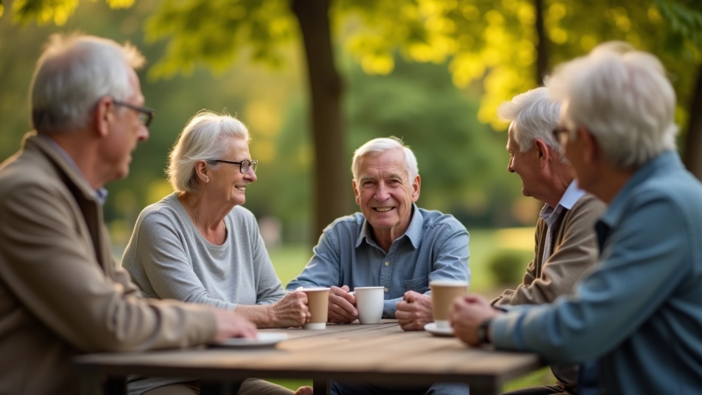 Seniori grupā smaidot un runājot pie kafijas glāzes uz lauka terapijas telpas