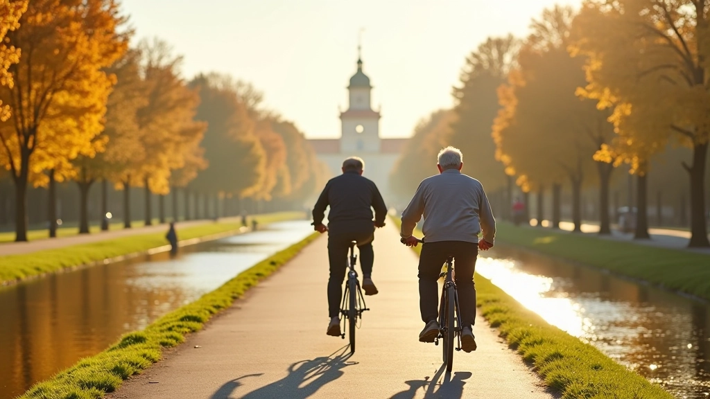 Seniori uz velosipēdiem braucot gar Rīgas kanālu, skaista rudens ainava ar Rīdzenes pili fona