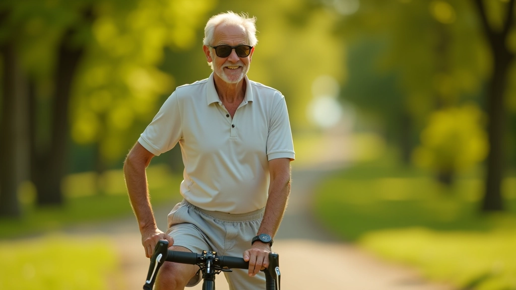 Seniora vīrs tiek piedēvēts velobraucienam ar vieglu, daudzvārtu apsēju un valkātu brilles